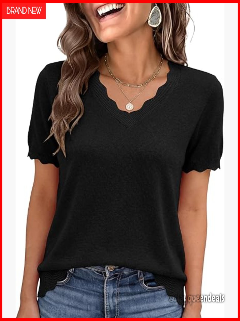 V Neck Short Sleeve Ribbed Knit Sweater Pullover Lightweight Business Casual Top